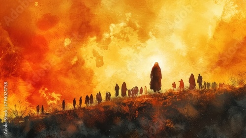 Jesus appears to his followers on the hill. Digital watercolor painting.