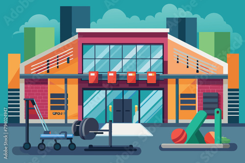 Modern Fitness Center Gym Building Exterior with Exercise Equipment Illustration