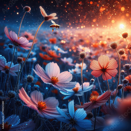 Generative AI Beautiful view of sparkling flowers blooming on a beautiful bright night, Beautiful flowers sparkling at night, Beautiful view of sparkling flowers, Beautiful night flowers in blooms