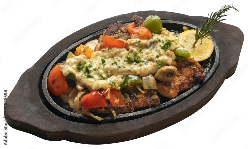 Chicken sizzler with Honey glazed chicken, mixed veg, cream cheese, cheese and mushroom sauce Chicken sizzler with Honey glazed chicken, mixed veg, cream cheese, cheese and mushroom sauce