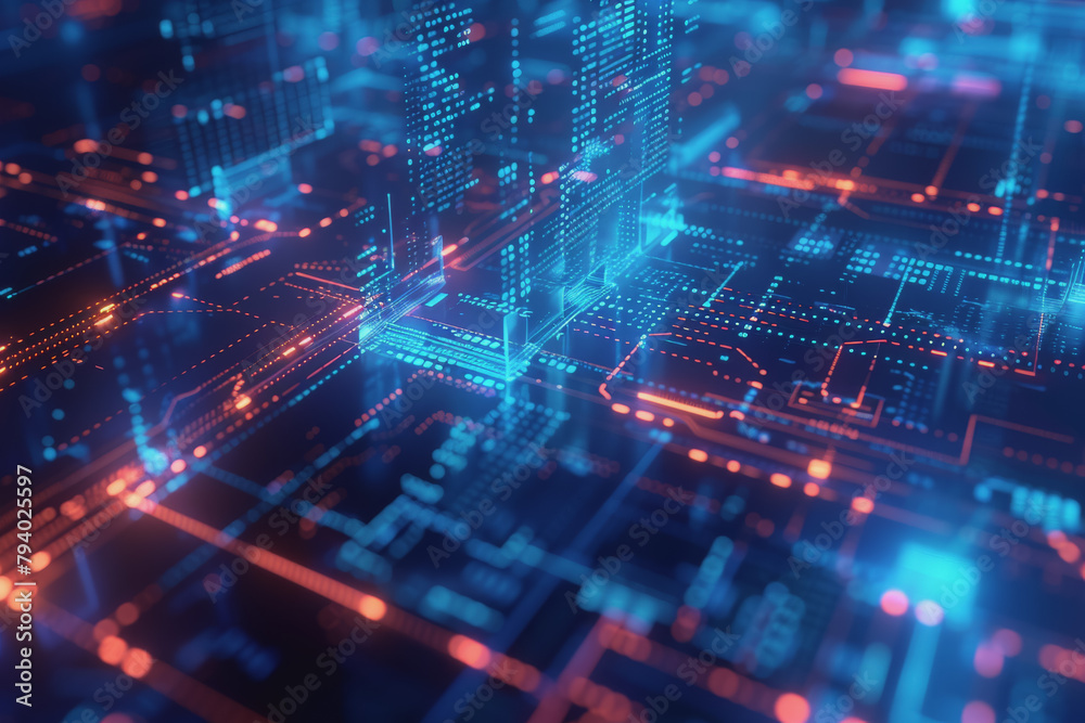 Business Process Modeling Notation diagram 3D objects, high tech data security, blue colors