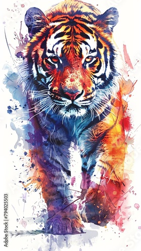 Vertical portrait card design of tiger in multicolor watercolor style photo