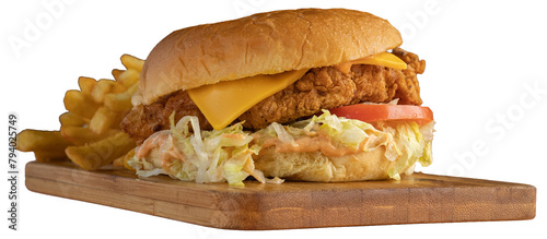 Classic Crispy chicken burger served with lettuce tomato cheese and  sauce photo