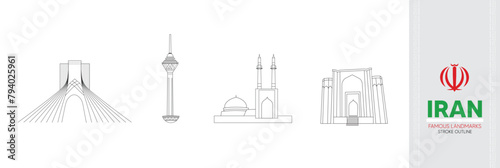 set of Iran famous landmarks editable stroke outline vector illustration 