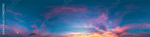 Sunset sky with bright glowing pink Cirrus clouds. Seamless spherical HDR 360 panorama. Full zenith or sky dome in 3D, sky replacement for aerial drone panoramas. Climate and weather change. © svetograph
