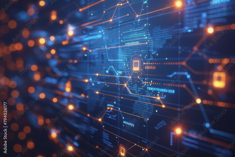 Obraz premium Business Process Modeling Notation diagram 3D objects, high tech data security, blue colors