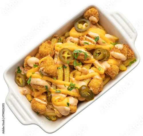 Loaded French fries with chicken pops, jalapeno, cheese sauce and dynamite sauce