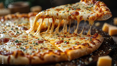 A flying slice of four cheeses pizza with stretching cheese on a black background.