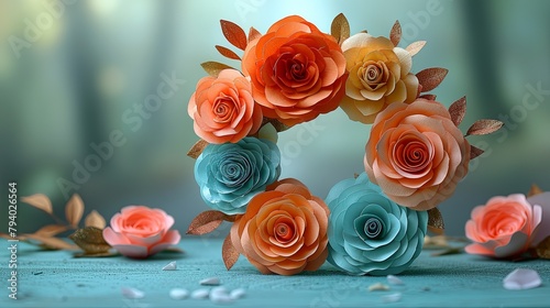 Pastel colored paper roses wreath on light green background  shown from a top view Minimalist style the colors of flowers have ombre effect from pink orange blue and green.