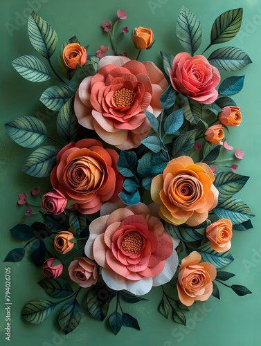 Pastel colored paper roses wreath on light green background, shown from a top view Minimalist style the colors of flowers have ombre effect from pink orange blue and green.