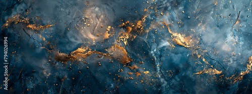 Abstract blue marble texture with swirling golden patterns.