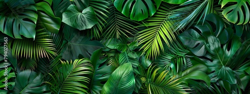A dense arrangement of tropical leaves with vibrant green tones.