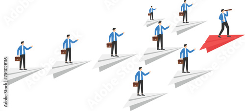 Leadership, teamwork and courage concept - Businessman with yellow paper plane for leader and white paper planes flying on sky

