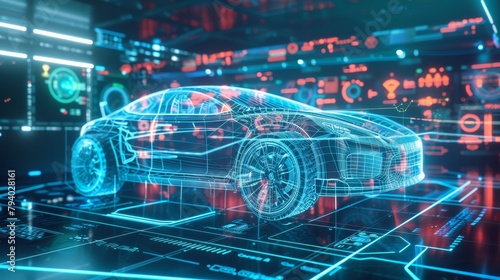 Table shows electric car in holographic form with digital designs and data graphs, Generated by AI
