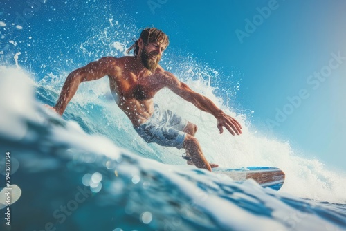 With each passing moment spent riding the waves, the man grew more attuned to the rhythm of the water, learning to anticipate its every movement and adjusting his stance on the surfboard accordingly photo
