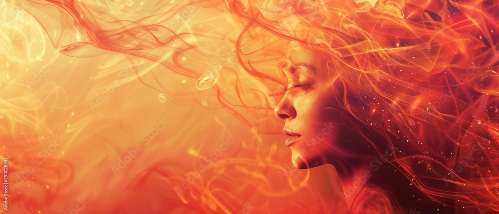 Serenity in Warm Tones, Woman with Abstract Energy Flow in Digital Art, Copy Space