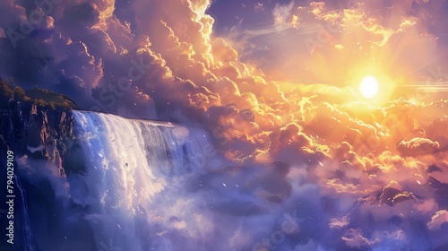 divine creation majestic waterfall and sun in the sky landscape inspired by genesis 11 christian illustration photo