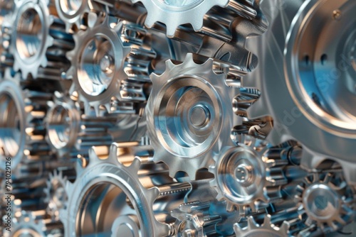 complex arrangement of silver metallic gears and cogs hitech industrial background in 3d