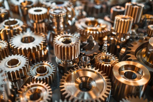 complex mechanical gears and cogs in metallic bronze tones engineering concept