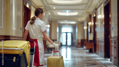 Happy woman working as cleaning lady in hotel and looking at camera