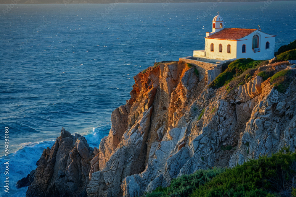 Perched atop a rugged cliff overlooking the endless ocean, a quaint small church stands as a serene sanctuary. 