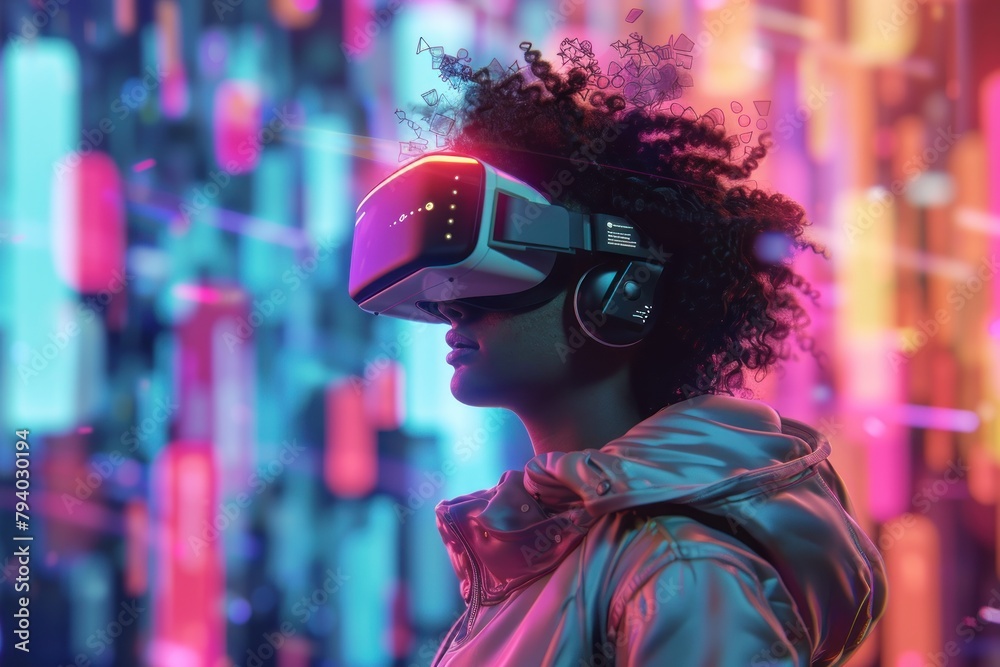 A person in a futuristic suit using advanced virtual reality equipment surrounded by holographic interfaces.