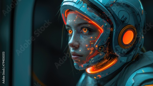 Post-apocalypse futuristic poster on a clean dark background robot girl face cyborg transformer in orange space suit with artificial intelligence future of humanity world order soldier cyberpunk 2077