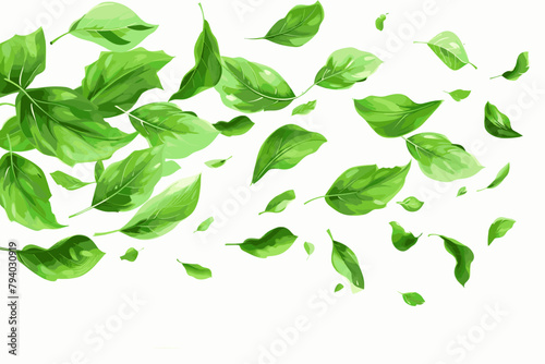 Green flying leaves wave. Organic cosmetic background. Natural herbal tea. Vegan, eco, bio design element. Leaf falling. Summer foliage ornament. Beauty product. Healthy food. Vector illustration