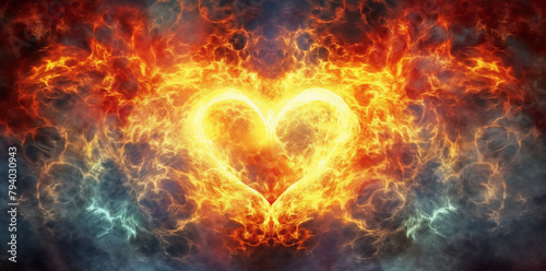 a heart shaped fire and flames with a black background and blue sky in the background, with a red and yellow swirl