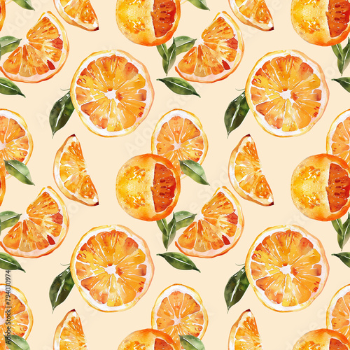 Vibrant watercolor pattern featuring oranges, enhancing fabric, wallpaper, and poster designs with a burst of color