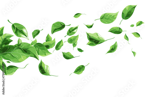 Green flying leaves wave. Organic cosmetic background. Natural herbal tea. Vegan, eco, bio design element. Leaf falling. Summer foliage ornament. Beauty product. Healthy food. Vector illustration photo