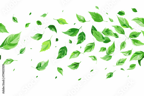 Green flying leaves wave. Organic cosmetic background. Natural herbal tea. Vegan, eco, bio design element. Leaf falling. Summer foliage ornament. Beauty product. Healthy food. Vector illustration