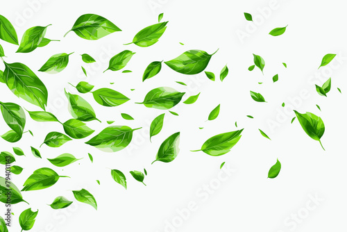 Green flying leaves wave. Organic cosmetic background. Natural herbal tea. Vegan, eco, bio design element. Leaf falling. Summer foliage ornament. Beauty product. Healthy food. Vector illustration