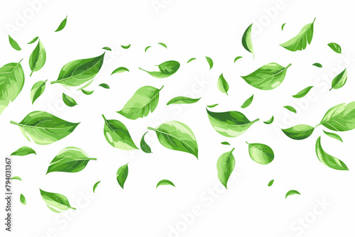 Green flying leaves wave. Organic cosmetic background. Natural herbal tea. Vegan, eco, bio design element. Leaf falling. Summer foliage ornament. Beauty product. Healthy food. Vector illustration
