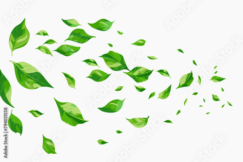 Green flying leaves wave. Organic cosmetic background. Natural herbal tea. Vegan, eco, bio design element. Leaf falling. Summer foliage ornament. Beauty product. Healthy food. Vector illustration
