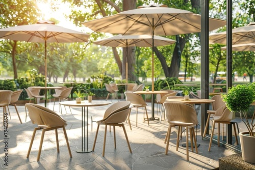 cozy outdoor cafe or restaurant terrace with tables and chairs sunny day 3d rendering
