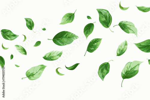 Green flying leaves wave. Organic cosmetic background. Natural herbal tea. Vegan, eco, bio design element. Leaf falling. Summer foliage ornament. Beauty product. Healthy food. Vector illustration