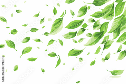 Green flying leaves wave. Organic cosmetic background. Natural herbal tea. Vegan, eco, bio design element. Leaf falling. Summer foliage ornament. Beauty product. Healthy food. Vector illustration