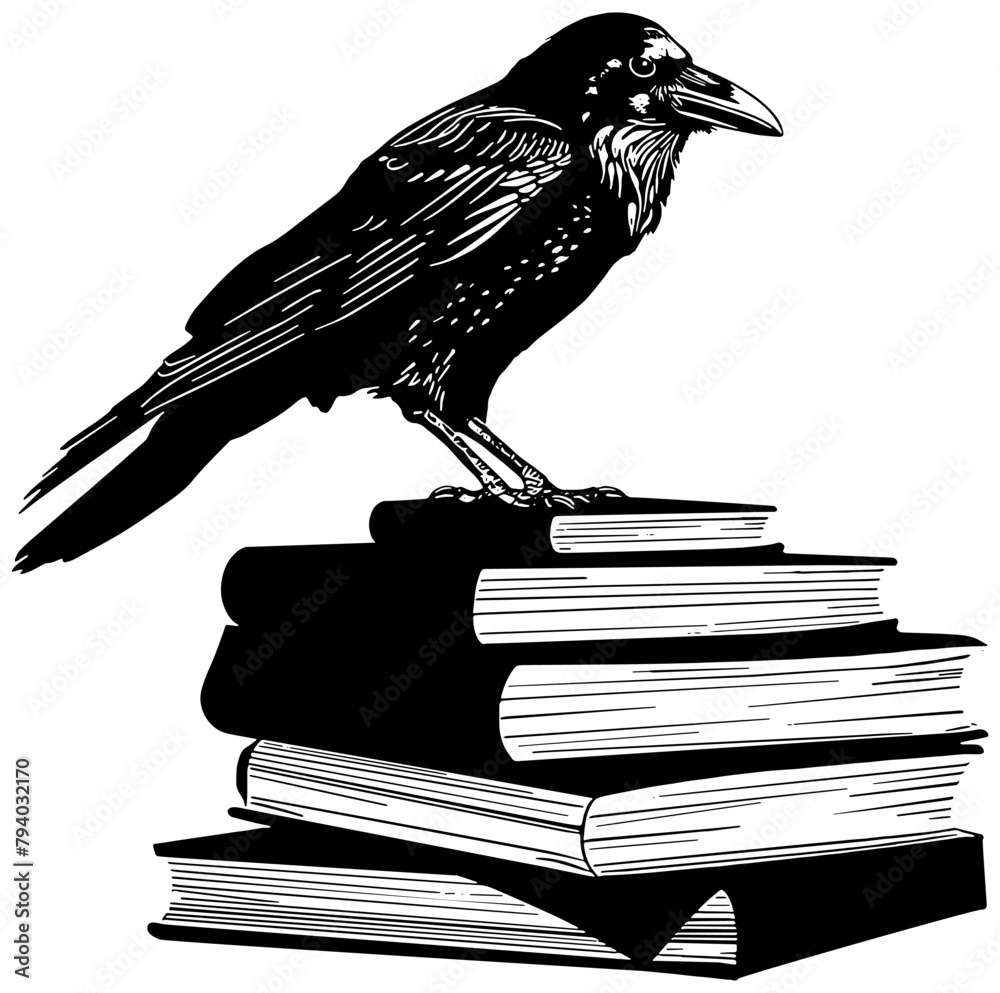 Naklejka premium illustration of a Raven standing on a stack of books, isolated 