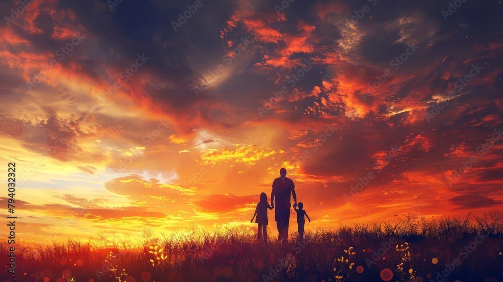 Fototapeta premium family of faith silhouette of family walking towards vibrant sunset sky christian concept illustration