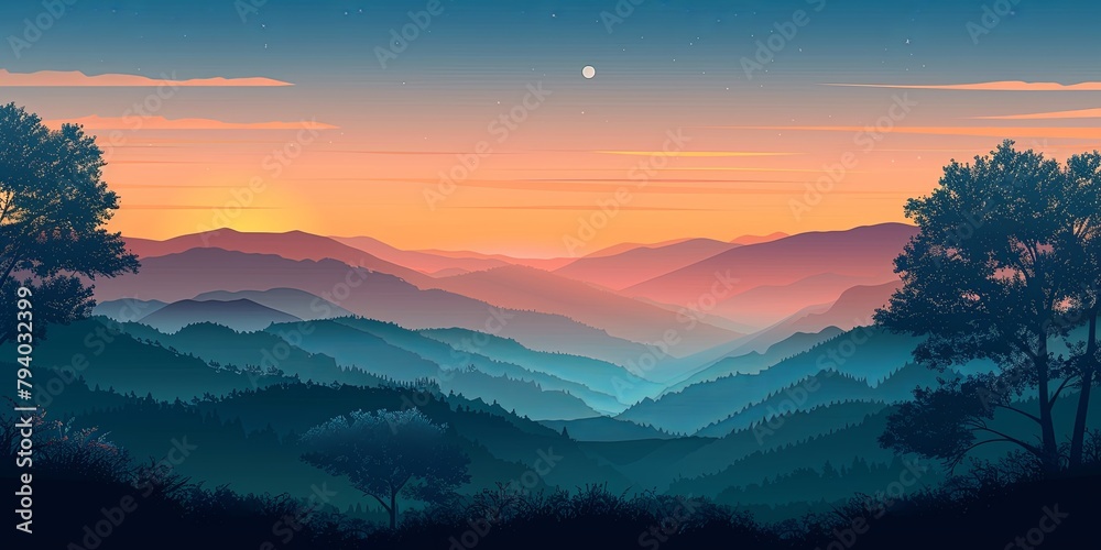 Vibrant sunset over peaceful mountain ranges with starry sky.