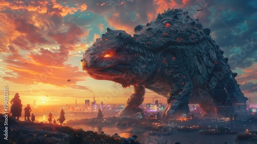 Colossal Amphibious Creature Towers Over Tiny Gnomes as Sunset Sky Transitions into a NeonTinged Cityscape A Surreal Dreamlike