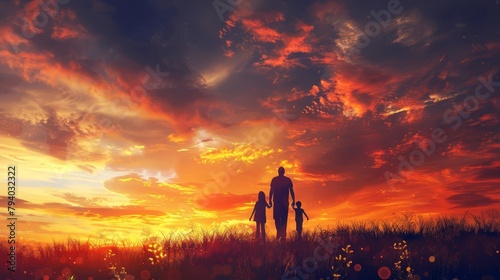 family of faith silhouette of family walking towards vibrant sunset sky christian concept illustration