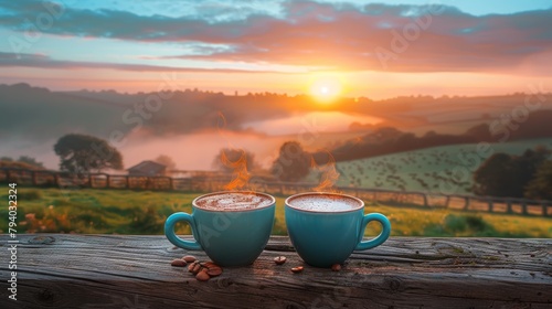 morning in the morning Dawn's Embrace Twin Mugs of Warmth Against a Rustic Sunrise Serenade