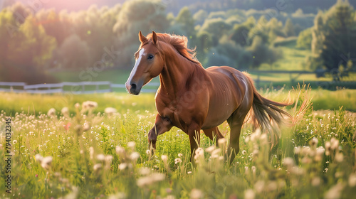 beautiful horse running in green field