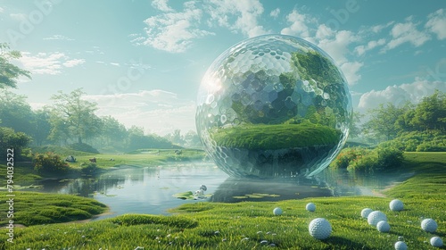 Reflections of Serenity Golf Balls and Dew Drops on the Lush Green globe in the garden