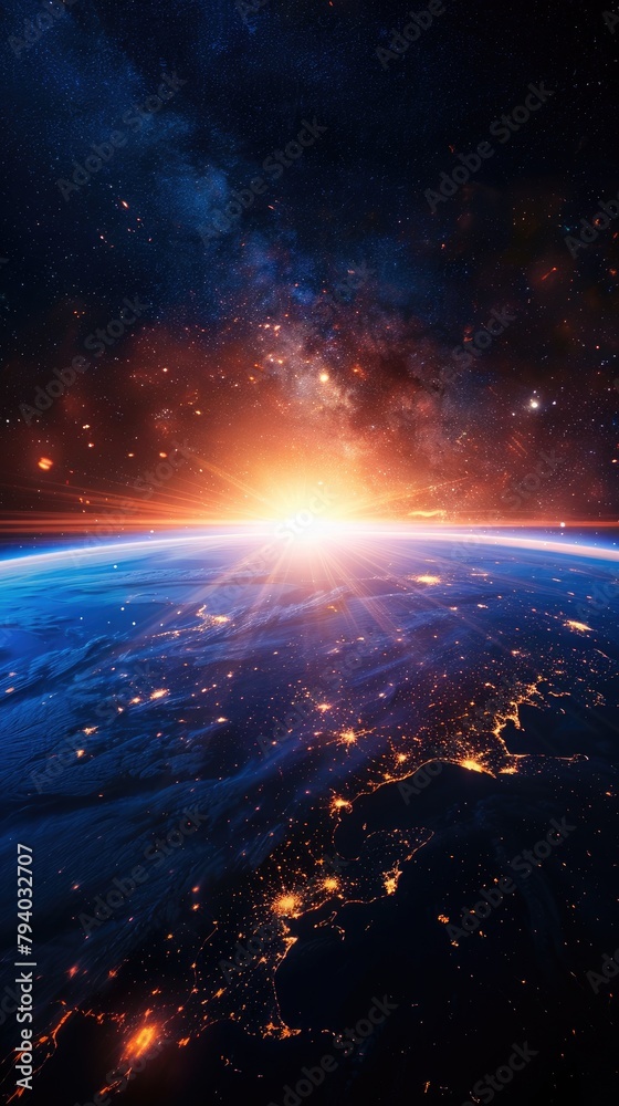 Space wallpaper, Half the earth is visible from space and lens flare light is also shining