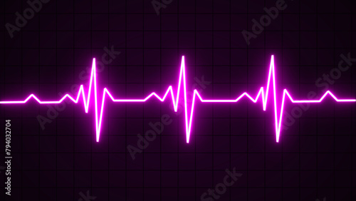 Glowing neon purple color heartbeat rate and pulse line with grid. Cardiogram cardiograph oscilloscope screen