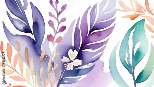 Abstract Amethyst pastel background with botanical flowers and leaves in watercolor style. Soft vintage floral art painting