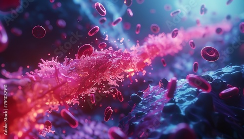 A 3D animation of a bloodstream  with medications being delivered to targeted areas